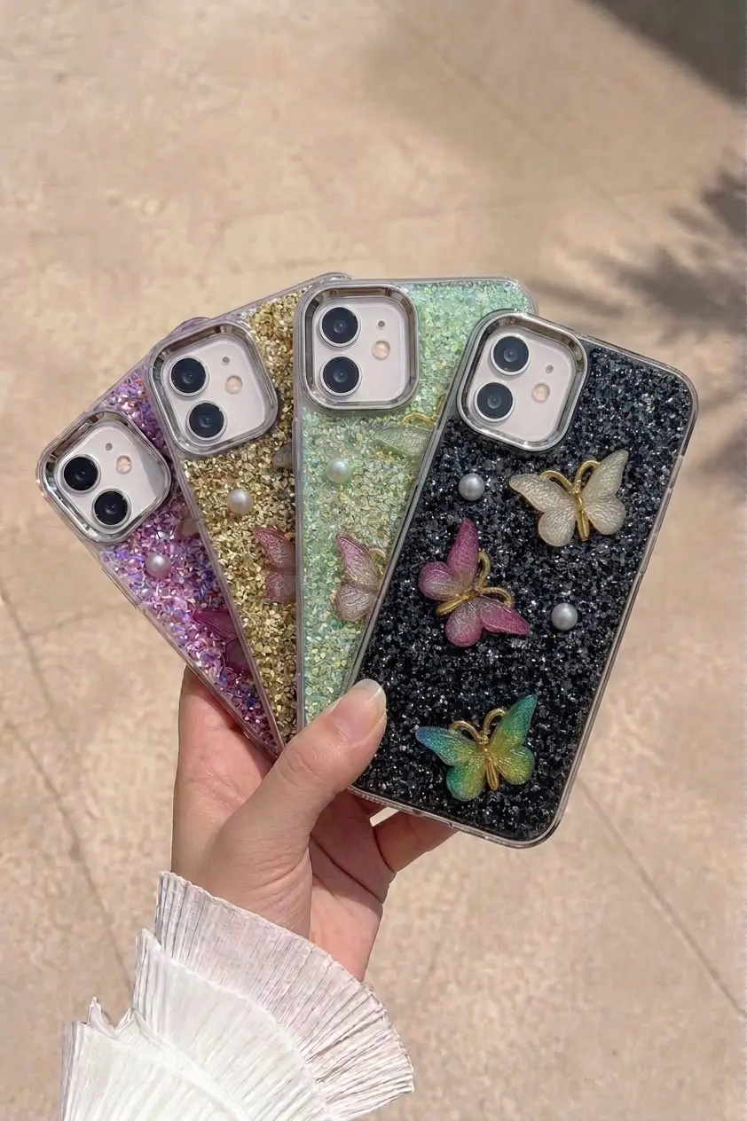 Glitter Butterfly Phone Case with Pearls – Cute Sparkle Cover for iPhone & Android